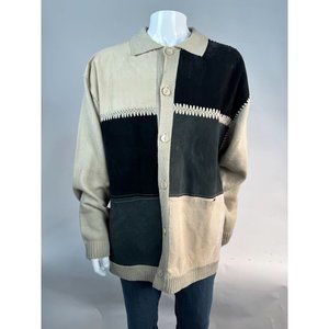 Virgola Uomo Patchwork Sweater Cardigan Size XL Beige Suede Suede, Ramie